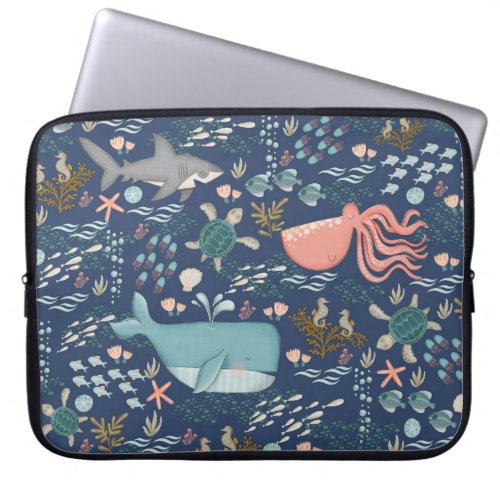 Blue Watercolor Under the Sea Ocean Animal Art Laptop Sleeve