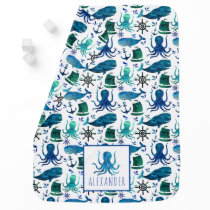 Blue Watercolor Under The Sea Octopus Nautical Baby Blanket