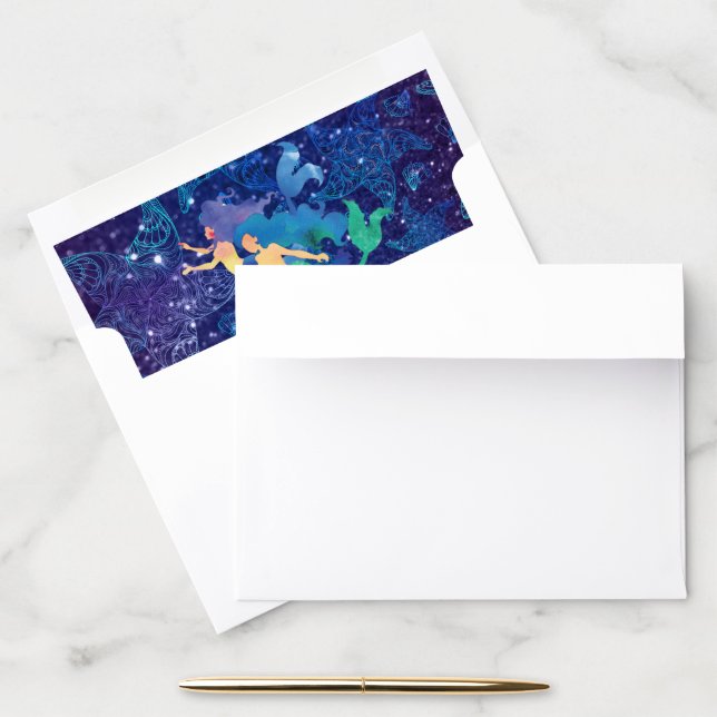 Blue watercolor undersea mermaids golden text envelope liner (Desk)