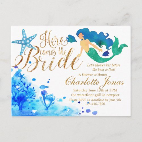 Blue watercolor undersea sweet mermaid golden text invitation postcard