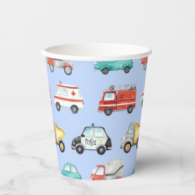 Blue Watercolor Vehicle  Paper Cups (Front)