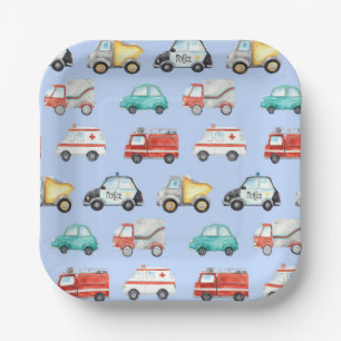 Blue Watercolor Vehicles / Cars Paper Plates
