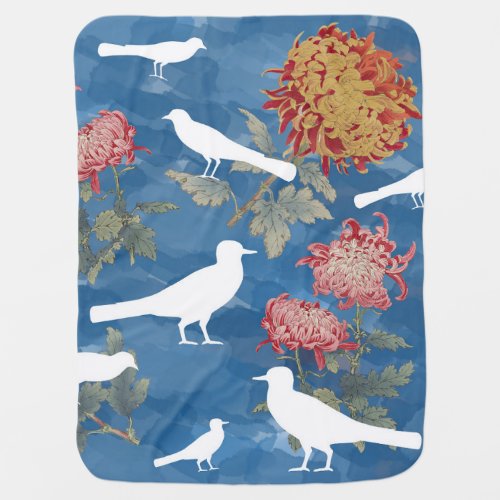 Blue Watercolor Vintage Flowers  Birds Baby Blanket