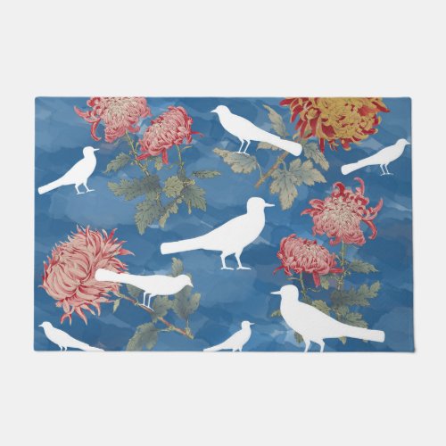 Blue Watercolor Vintage Flowers  Birds Doormat