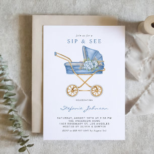 Blue Watercolor Vintage Stroller Baby Sip and See Invitation