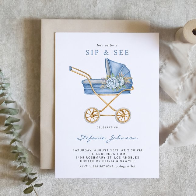Blue Watercolor Vintage Stroller Baby Sip and See Invitation (Charming customizable sip and see invitation with blue watercolor stroller and floral accents.)