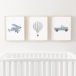 Blue Watercolor Vintage Travel Nursery Decor Wall Art Sets<br><div class="desc">Add a finishing touch to your little one's travel themed space with this set of three watercolor biplane,  hot air balloon,  and truck prints.</div>