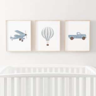 Blue Watercolor Vintage Travel Nursery Decor Wall Art Sets