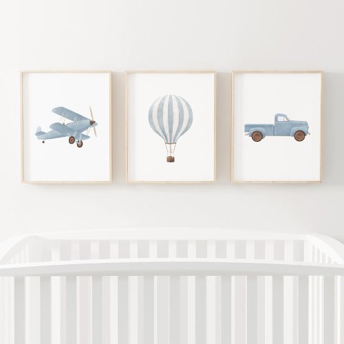 Blue Watercolor Vintage Travel Nursery Decor Wall Art Sets