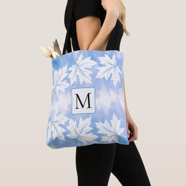 Blue watercolor wash maple leaves and monogram  tote bag (Close Up)