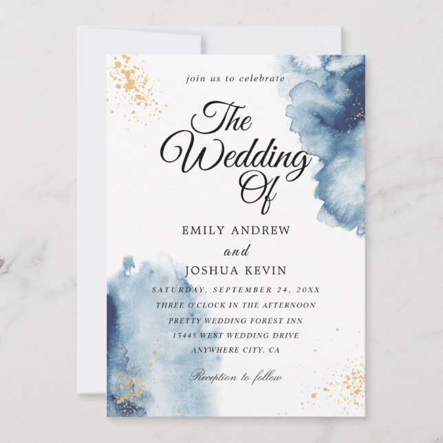 Blue Watercolor Wash Wedding  Invitation (Front)