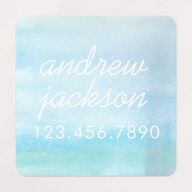 Blue watercolor washed Name Phone Number  Kids' Labels (Design 1)