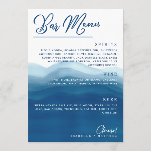 Blue Watercolor Wave Bar Wedding Menu