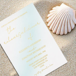 Blue Watercolor Wave Rehearsal Dinner Foil Invitation