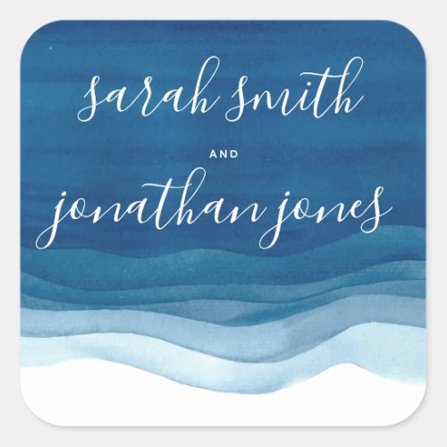 Blue Watercolor Waves  Script Wedding Square Sticker