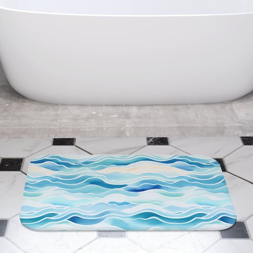 Blue Watercolor Waves Seamless Pattern Bath Mat