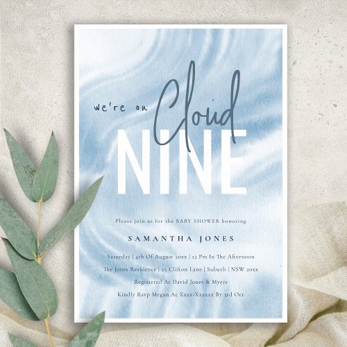 Blue Watercolor We Are On Cloud Nine Baby Shower Invitation