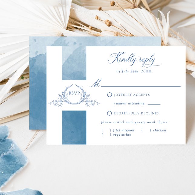 Blue Watercolor Wedding Classic Monogram RSVP Card (Creator Uploaded)