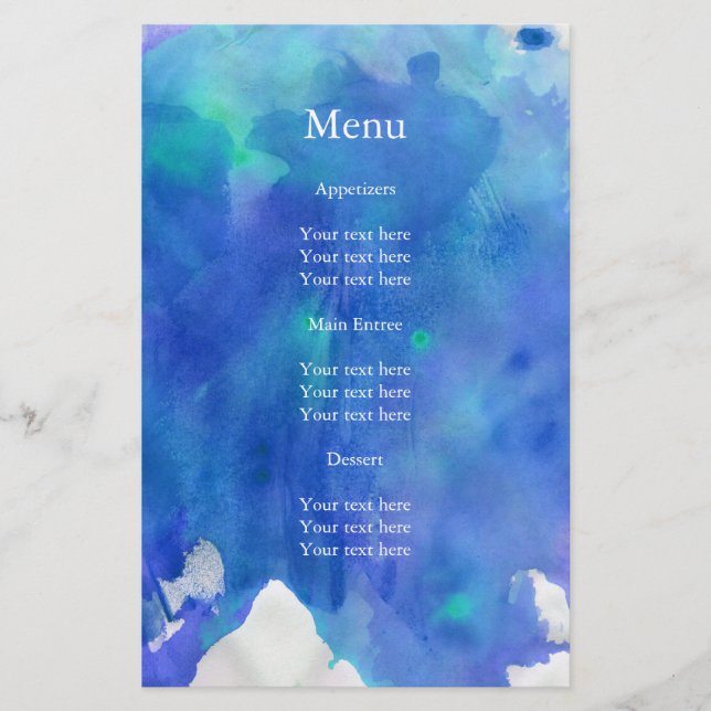 Blue Watercolor Wedding Menu (Front)