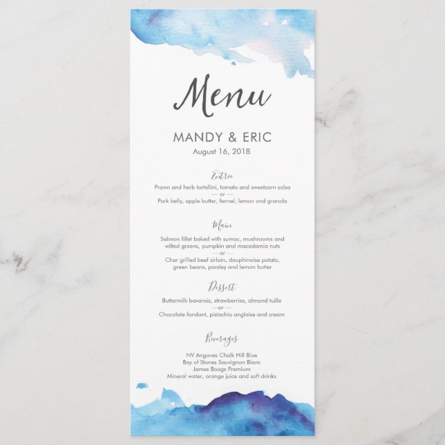 Blue Watercolor Wedding Menu or Program Card (Front)