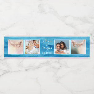 Blue Watercolor Wedding Photo Collage Water Bottle Label