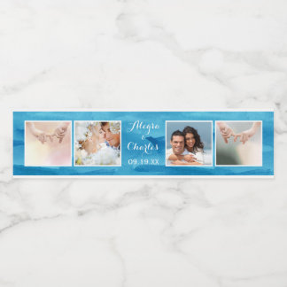Blue Watercolor Wedding Photo Collage Water Bottle Label