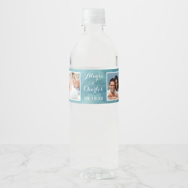 Blue Watercolor Wedding Photo Collage Water Bottle Label (Front)