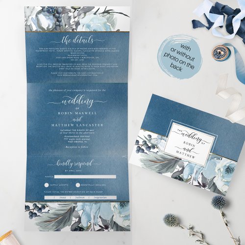 Blue Watercolor Wedding Tri_Fold Invitation RSVP