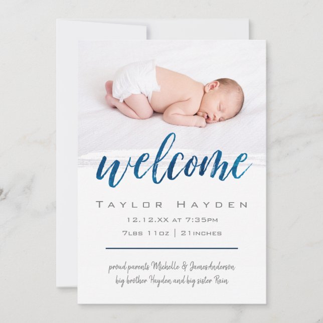 Blue Watercolor Welcome Photo Birth Announcement (Front)