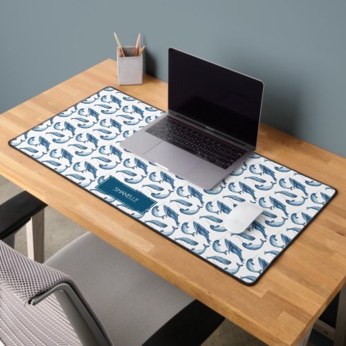 Blue Watercolor Whale and Narwhal Pattern Desk Mat