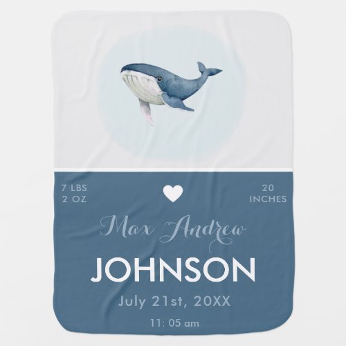 Blue Watercolor Whale Baby Boy Birth Stats Info  Baby Blanket