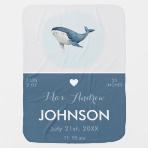 Blue Watercolor Whale Baby Boy Birth Stats Info  Blanket