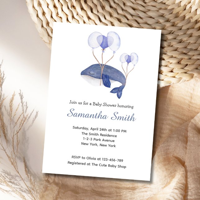 Blue Watercolor Whale Baby Shower Invitation (Blue Whale Baby Shower Invitation)