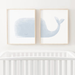 Blue Watercolor Whale Beach Nursery Wall Art Sets