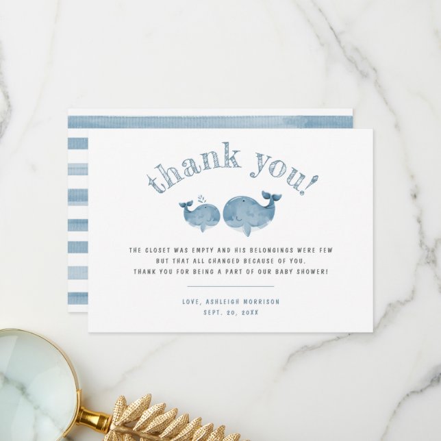 Blue Watercolor Whale Boy Baby Shower Thank You Card (Front/Back In Situ)