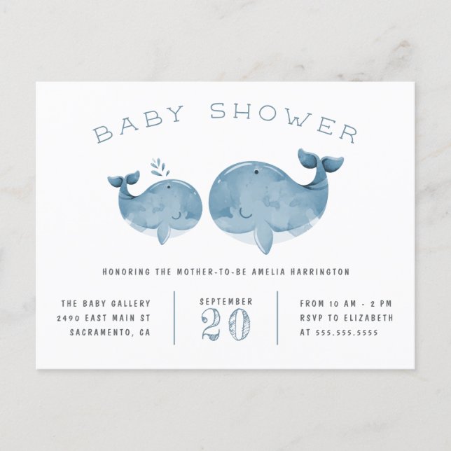 Blue Watercolor Whale Nautical Baby Shower Invitation Postcard (Front)