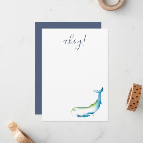 Blue Watercolor Whale Stationery Note Card