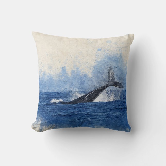 Blue Watercolor Whale Throw Pillow (Front)