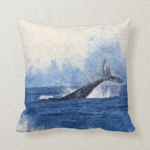 Blue Watercolor Whale Throw Pillow