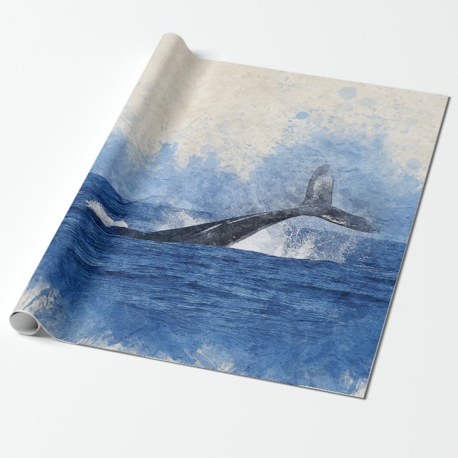 Blue Watercolor Whale Wrapping Paper (Unrolled)