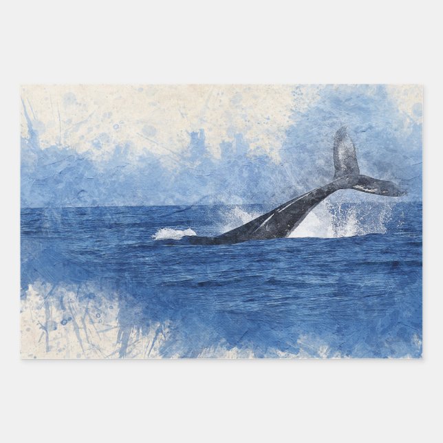 Blue Watercolor Whale Wrapping Paper Sheets (Front)