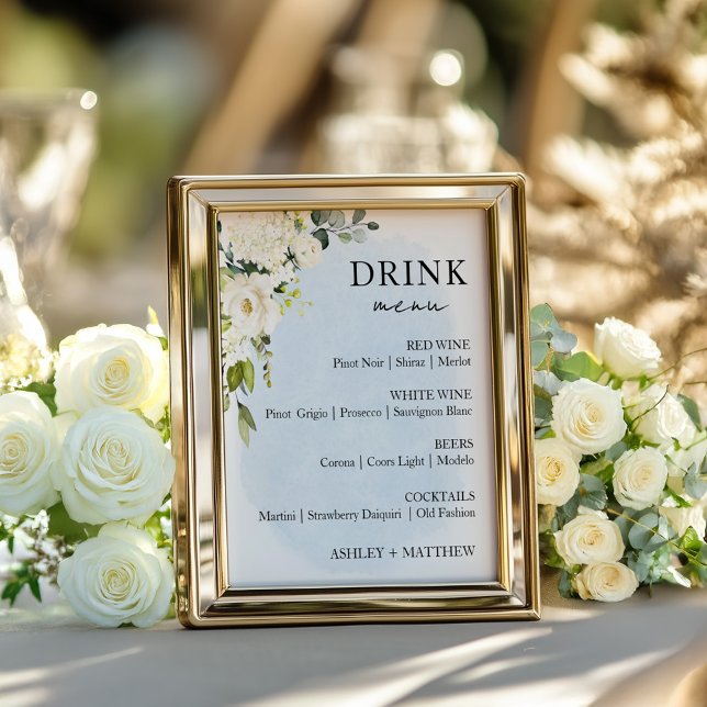 Blue Watercolor White Rose Wedding Drink Menu Sign (Creator Uploaded)