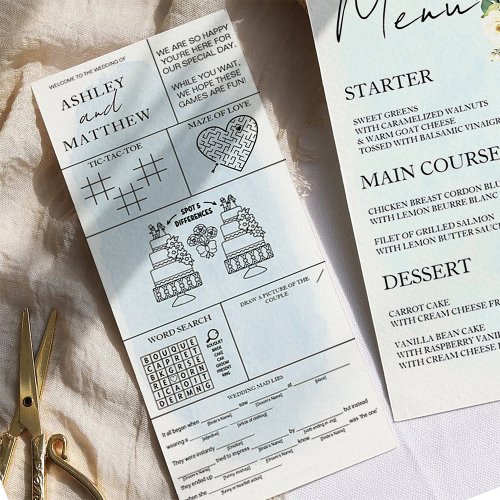 Blue Watercolor White Rose Wedding Menu Place Card