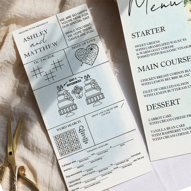 Blue Watercolor White Rose Wedding Menu Place Card (Creator Uploaded)