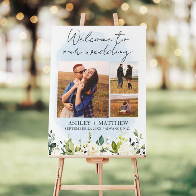 Blue Watercolor White Rose Wedding Welcome Sign (Creator Uploaded)
