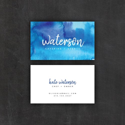 Blue Watercolor  White Script  Business Cards