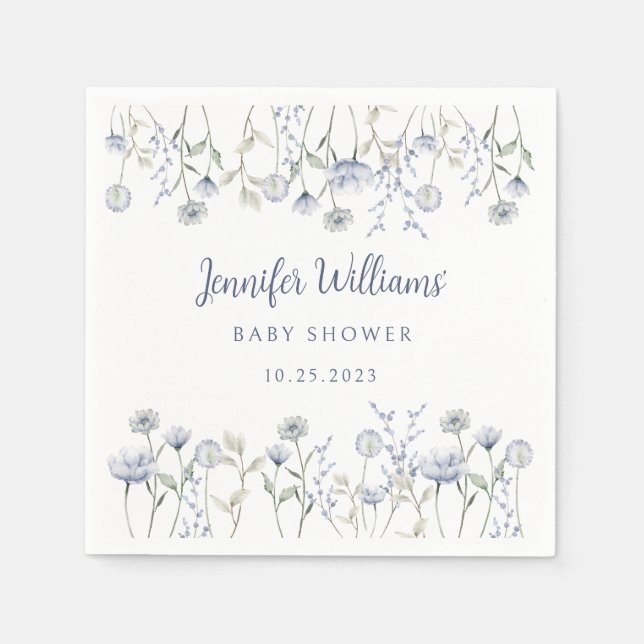 Blue watercolor wildflower baby boy shower paper napkins (Front)