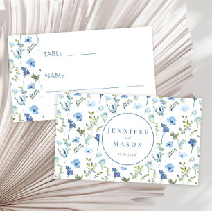 Blue watercolor wildflower blooms rustic wedding place card