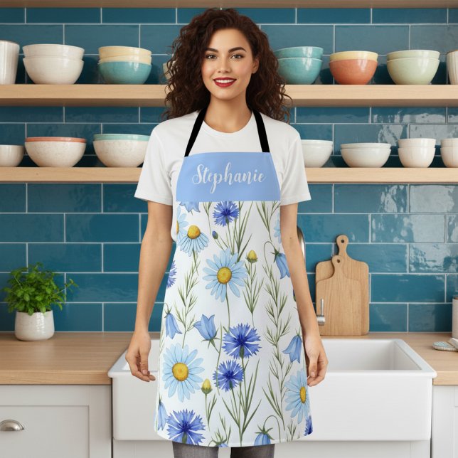 Blue Watercolor Wildflower Custom Name Apron (Creator Uploaded)