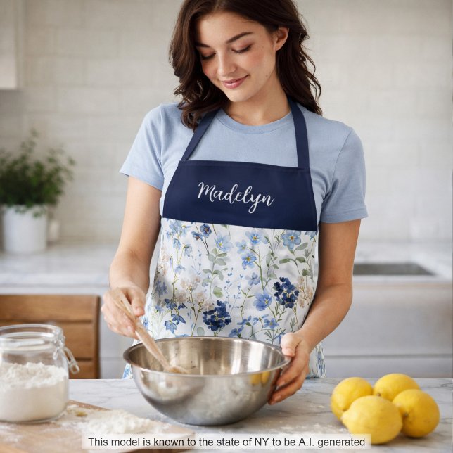 Blue Watercolor Wildflower Custom Name Apron (Creator Uploaded)